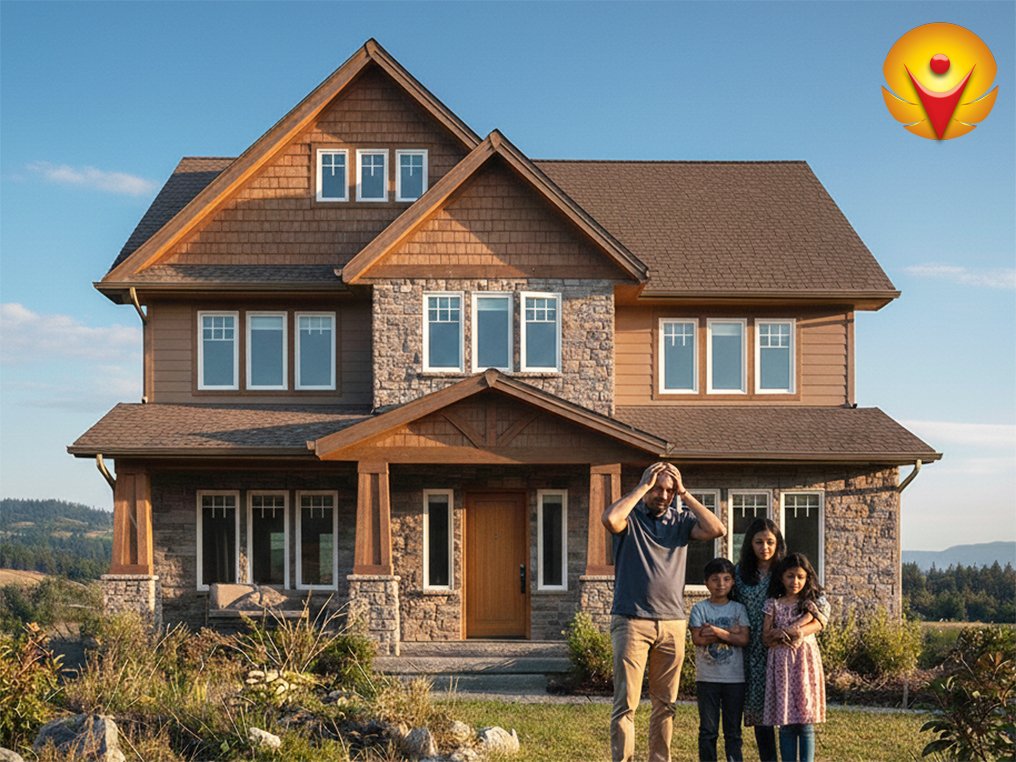 “Worried Indian family standing outside their modern USA/Canada home, showing regret after buying it without checking Vastu. The house has subtle signs of energy imbalance like misaligned doors, crooked windows, and a cluttered garden, symbolizing blocked or negative energy flow.”